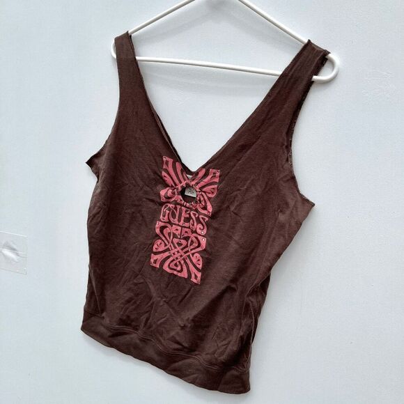 Guess Y2K Vintage Cotton Tee Tank Art Deco Graphic Rhinestone Embellished - LG - Picture 9 of 9